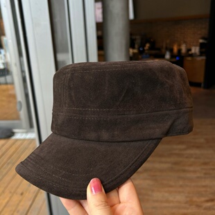 新款显高颅顶平顶帽男女款古早味韩女感麂皮绒酷感挺阔马术帽