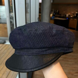 复古条纹褶皱云朵贝雷帽女秋冬新款 大头围皮质鸭舌八角帽画家帽子