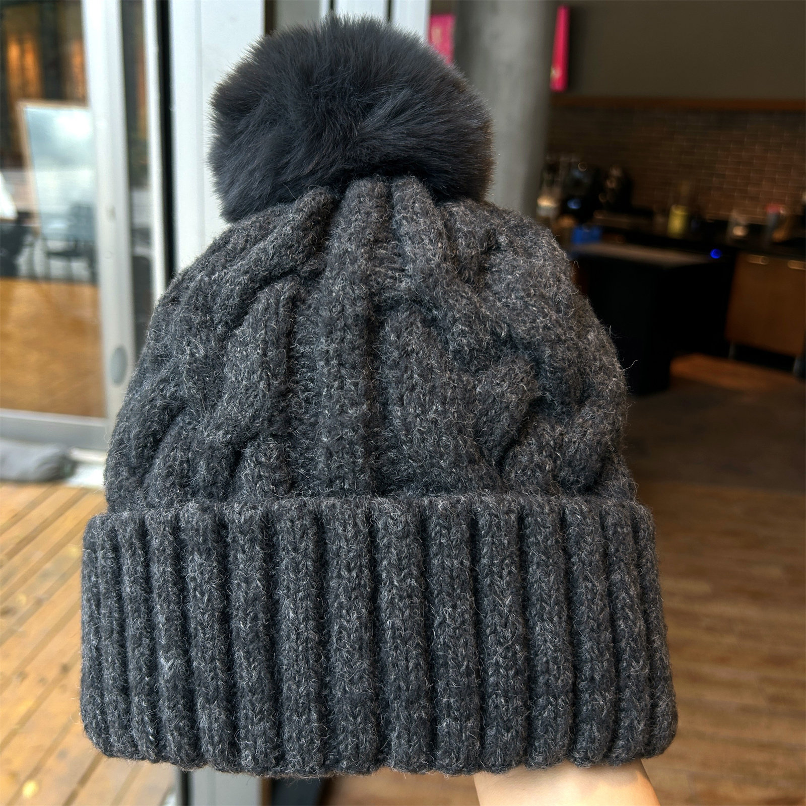 麻花粗针针织帽女士冬季加绒保暖帽子百搭纯色翻边毛球毛线帽