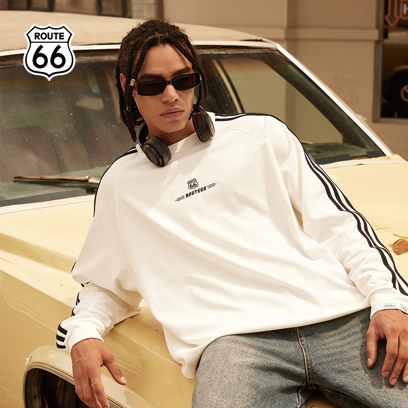 ROUTE66秋冬季美式复古运动情侣装加绒长袖T恤潮流男女款潮牌卫衣