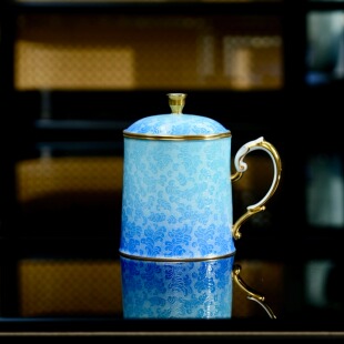 迪夫人手作高白泥（天青蓝）手工扒花茶盖杯办公杯马克杯