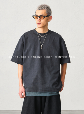 JUPSTUDIO极简风圆领短袖T恤男宽松落肩袖重磅面料灰色男士上衣
