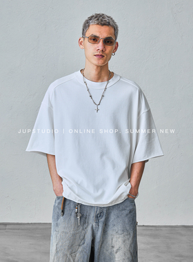 JUPSTUDIO极简风圆领短袖T恤男士宽松落肩袖重磅纯棉百搭上衣