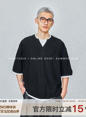 JUPSTUDIO简约风黑色短袖T恤男士春季宽松假两件撞色V领百搭上衣