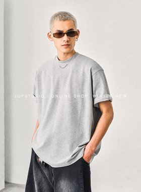 JUPSTUDIO极简风圆领短袖T恤男宽松落肩袖重磅面料灰色男士上衣