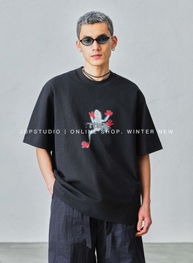 JUPSTUDIO动物国潮童趣印花短袖T恤男宽松圆领纯棉百搭上衣黑色