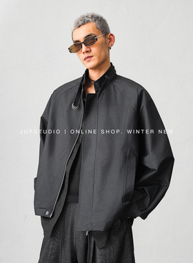 JUPSTUDIO老钱风立领夹克男宽松双拉链假两件外套黑色帅气设计感