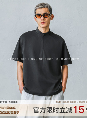 JUPSTUDIO潮牌立领半拉链短袖T恤男士宽松百搭黑色套头休闲上衣