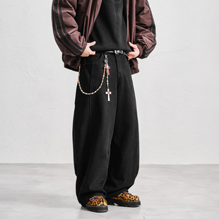 长裤 百搭宽松直筒老爹裤 男秋冬款 JUPSTUDIO黑色缉明线加绒牛仔裤
