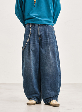 JUPSTUDIO水洗蓝色波浪纹牛仔裤男春秋收腰宽松直筒阔腿裤子长裤