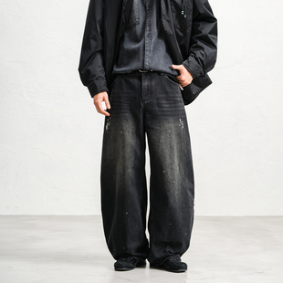 宽松直筒破洞漆点老爹裤 JUPSTUDIO帅气波浪纹水洗牛仔裤 男秋冬款