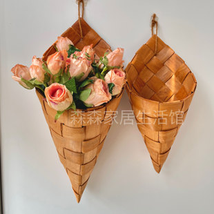 复古编织挂篮壁挂花篮家用收纳篮子手提杂物收纳筐创意挂篮木片篮