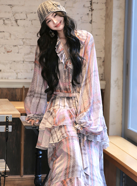 AZure温柔风荷叶边连衣裙法式复古粉灰格长袖百搭衬衫裙宽松显瘦