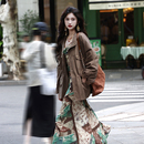 AZure法式 复古荡领连衣裙气质收腰印花吊带裙细肩带长裙内搭外穿