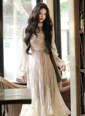 AZure法式复古蕾丝连衣裙多种蕾丝拼接大裙摆荷叶长裙原创自制女