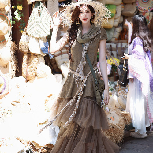 AZure温柔风复古短袖针织毛衣裙