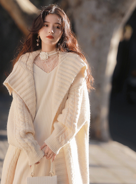 AZure法式复古翻领长毛衣 高个子针织开衫宽松慵懒风针织外套秋冬