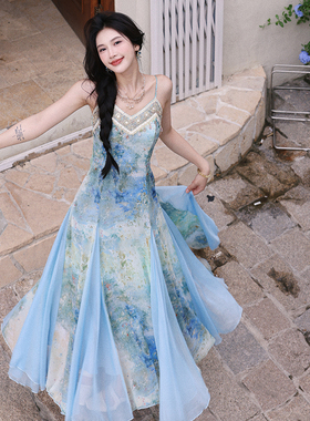 AZure花边织带连衣裙蓝色晕染印花长裙气质通勤拼接吊带裙2024夏