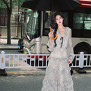 AZure温柔风复古蕾丝连衣裙法式 荷叶边蛋糕气质长裙拼接绑带裙秋