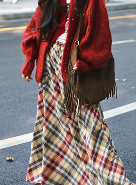 AZure温柔风撞色格纹抽绳半身裙彩色格子松紧腰长裙显瘦百搭A字裙