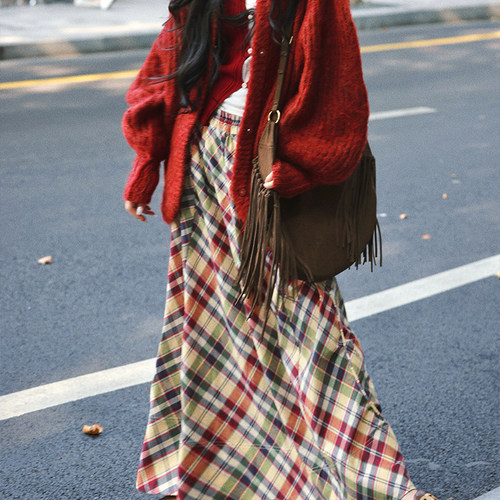 AZure撞色复古格纹抽绳A字半身裙