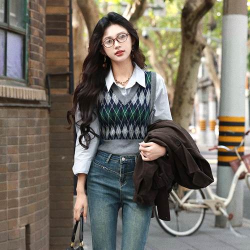 复古撞色菱格针织马甲背心