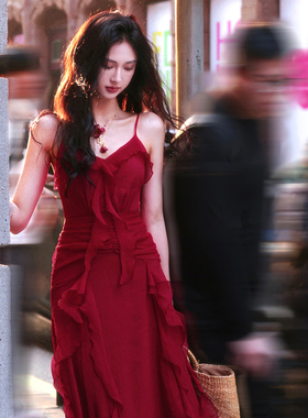 AZure法式复古连衣裙红色长裙订婚裙结婚裙礼服裙收腰显瘦荷叶裙