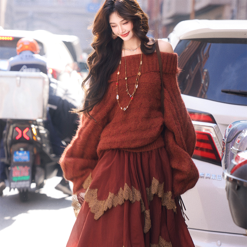 橘红色蝙蝠袖高领羊毛衫撞色半裙