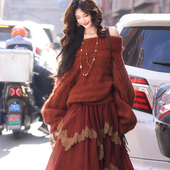 橘红高领毛衣可露肩小性感羊毛衫 AZure法式 复古蝙蝠袖 撞色半身裙