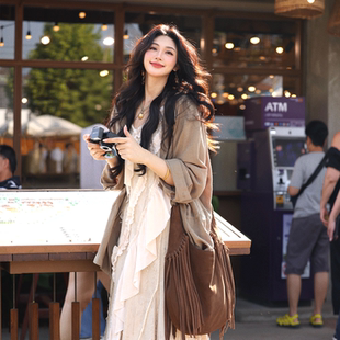 AZure法式 复古手撕毛边吊带连衣裙雪纺拼接不规则荷叶长裙春夏女