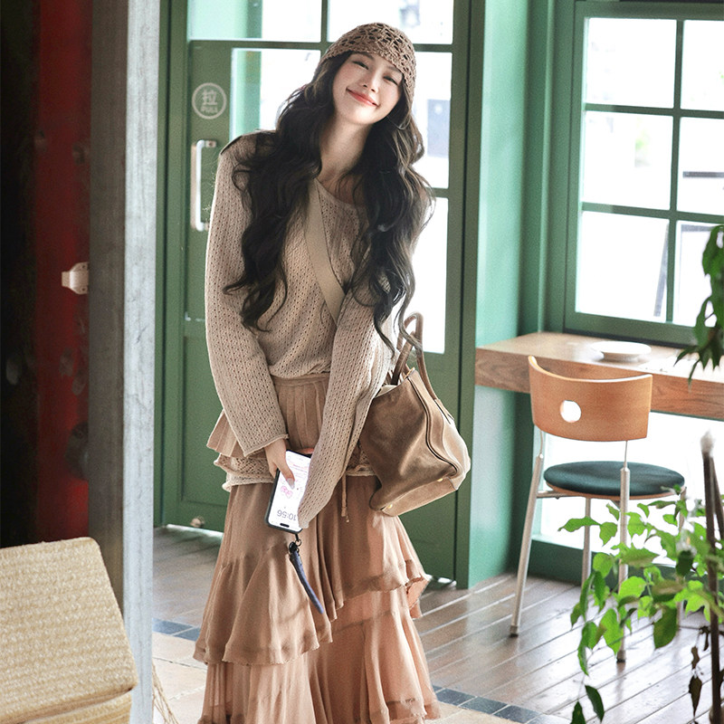 AZure温柔风复古毛衣百褶半裙秋