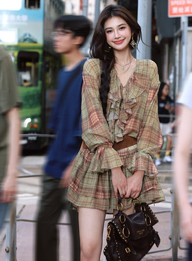 AZure法式复古格纹衬衫连衣裙气质甜美温柔风长裙荷叶边长袖上衣