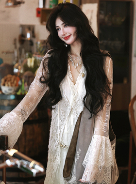 AZure温柔风复古蕾丝连衣裙法式拼接裙大摆气质长裙刺绣针织马甲