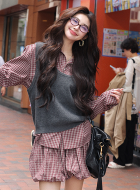 AZure法式复古红格子衬衫花苞裙裤针织灰色马甲套装休闲百搭通勤