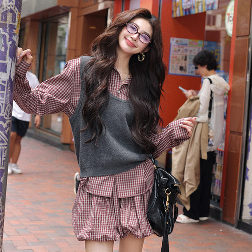 AZure复古格子衬衫裙裤针织背心