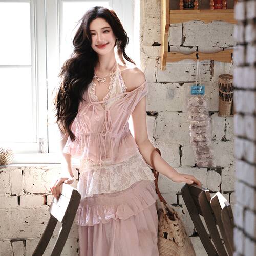 AZure全棉粉色背心荷叶半裙套装