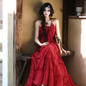 AZure法式 复古波尔多红色v领吊带连衣裙女夏季 性感小露背蛋糕长裙