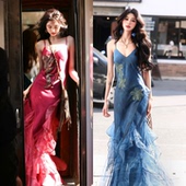 AZure轻法式 鱼尾吊带长裙气质显白显瘦收腰连衣裙钉珠拖地裙 修身