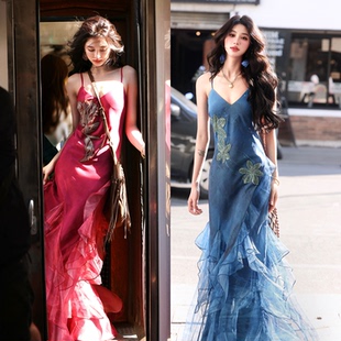 AZure轻法式 鱼尾吊带长裙气质显白显瘦收腰连衣裙钉珠拖地裙 修身