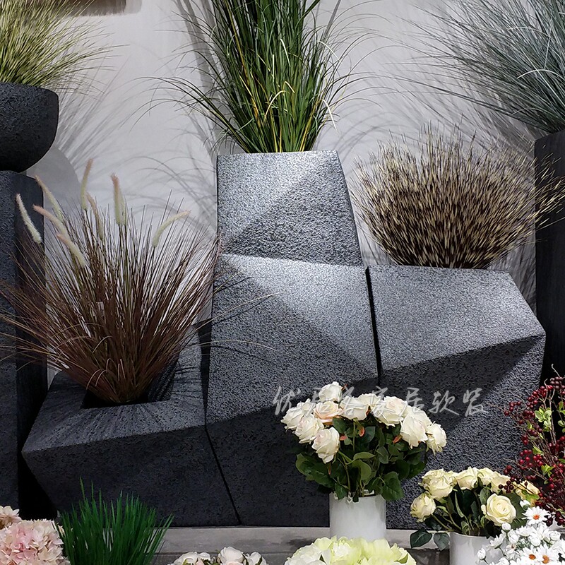 现代几何菱形落地大花瓶酒店商场装饰插花器创意组合玻璃钢花盆