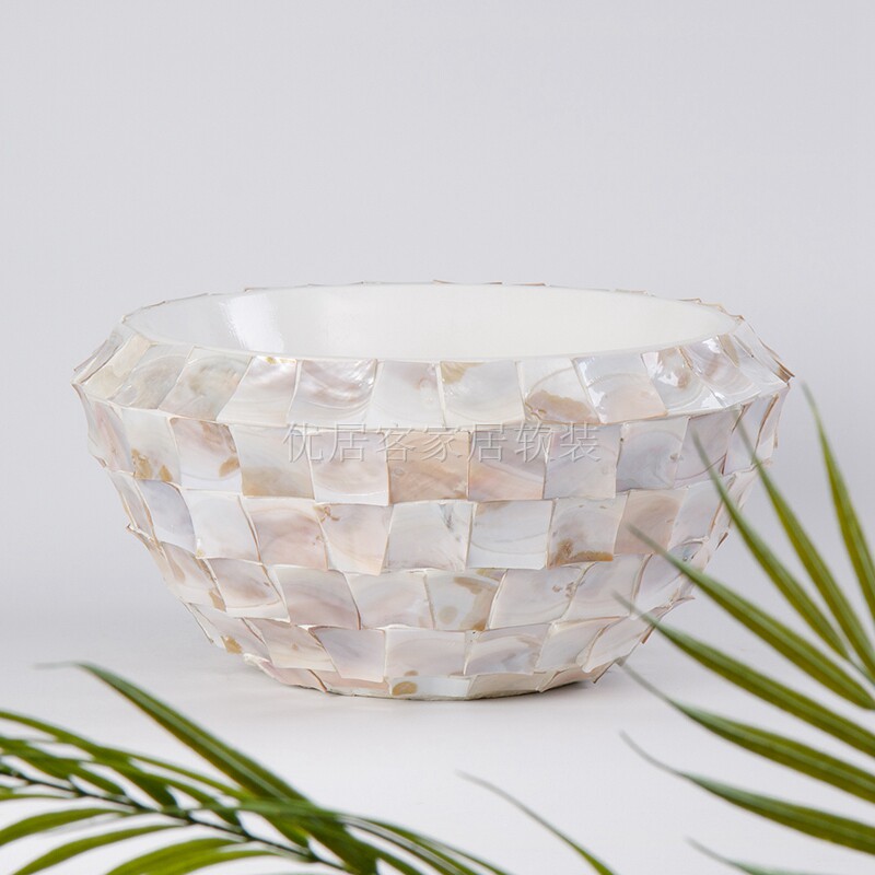 简约自然现代贴贝壳台面前台大厅装饰大花盆创意环保插花艺盆