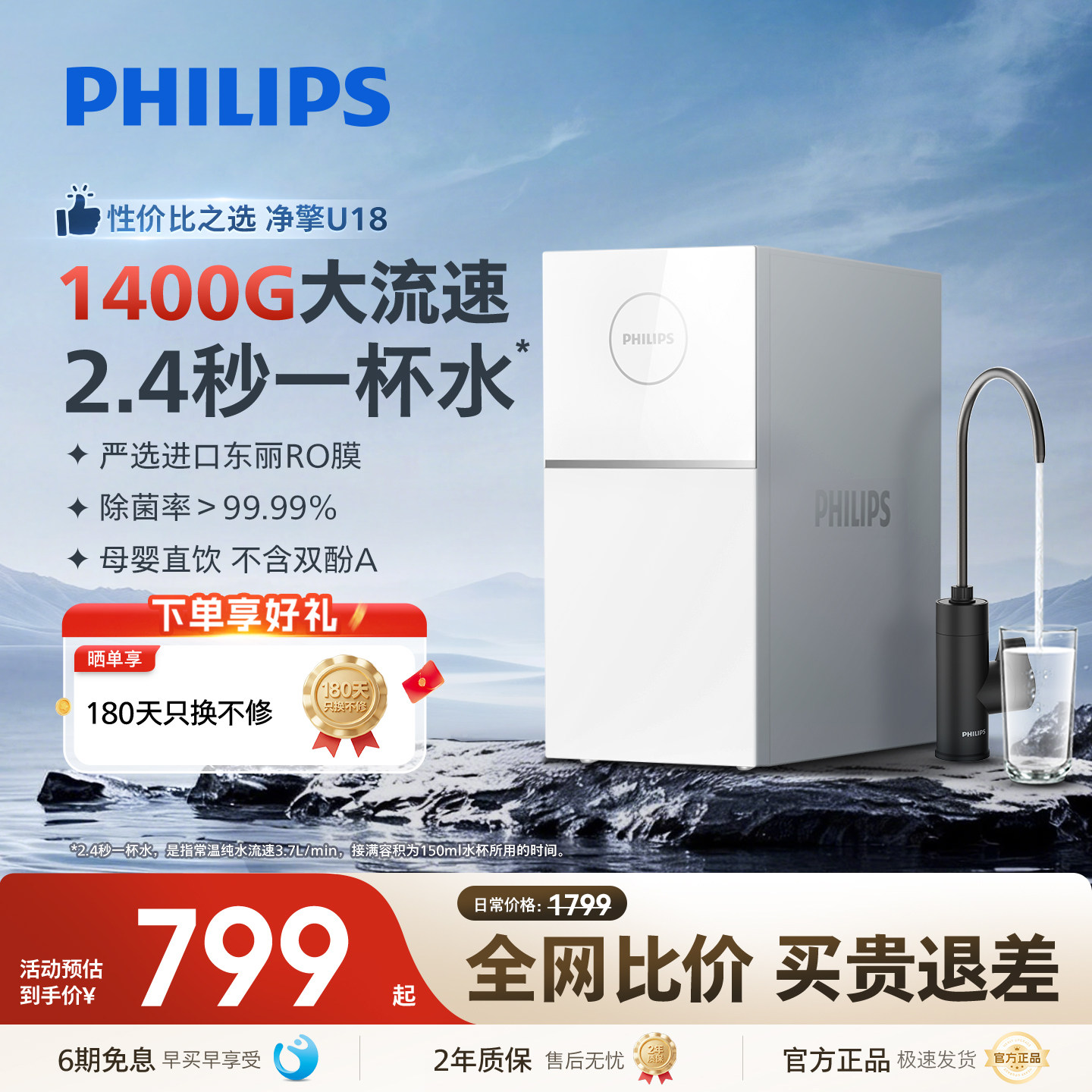 飞利浦净水器家用RO反渗透1400G过滤厨房自来水直饮净饮水机7004