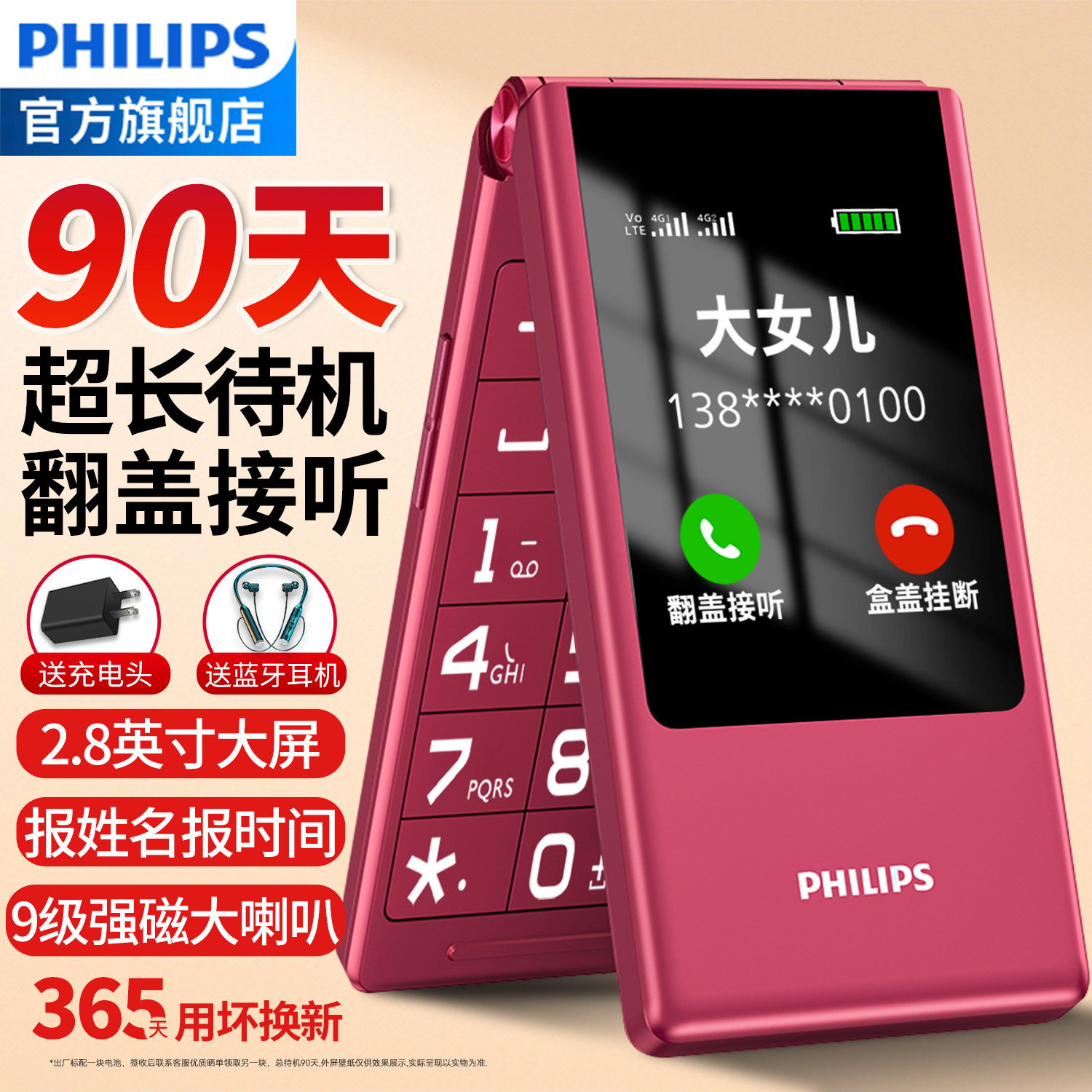 [官方旗舰店]飞利浦E6515翻盖老年机翻盖接听4G全网通超长待机语音播报老人手机一键拨号大字大声按键老人机