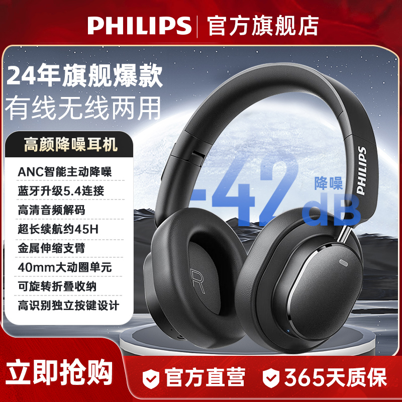飞利浦TAH5519头戴式无线蓝牙耳机ANC主动降噪耳麦长续航2024新款