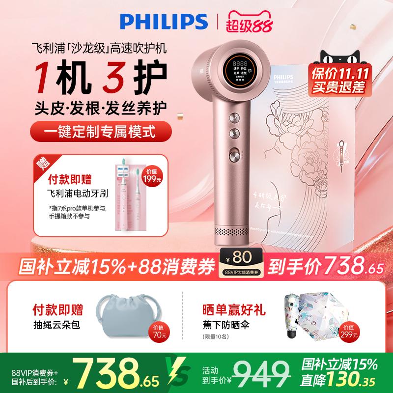 【政府补贴】飞利浦高速吹风机家用负离子护发速干大风力电吹风机