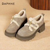 女2025新款 冬季 加绒棉鞋 达芙妮真皮乐福鞋 厚底增高复古外穿毛毛鞋