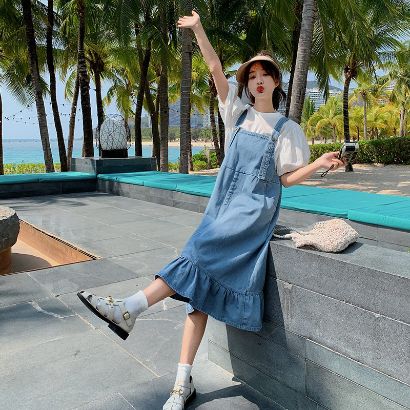 甜美学院风少女感荷叶边休闲牛仔背带裙夏季新款大码宽松胖mm显瘦,女装连衣裙,浙宝129