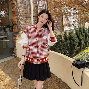 小众设计2025春季新款超好看格纹减龄棒球服短外套女宽松夹克上衣图片