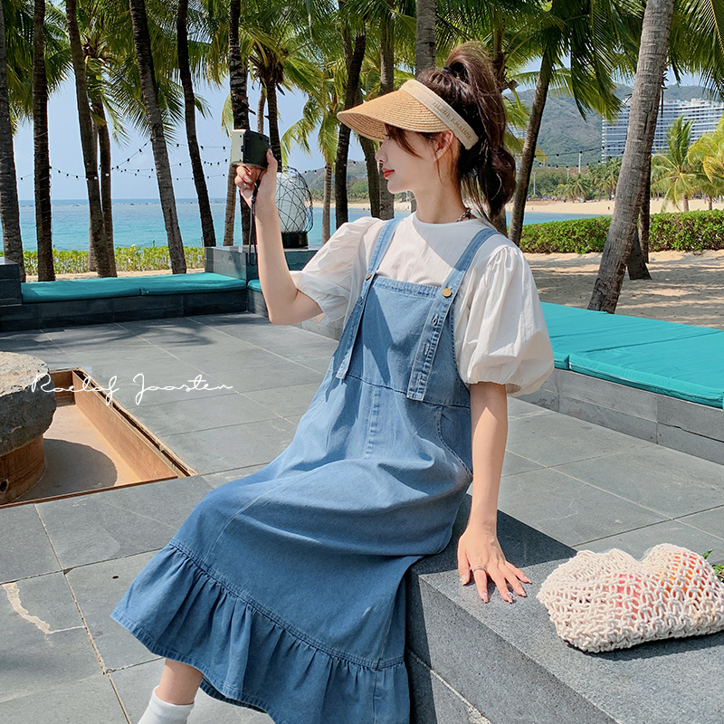 甜美学院风少女感荷叶边休闲牛仔背带裙夏季新款大码宽松胖mm显瘦，女装连衣裙，浙宝129