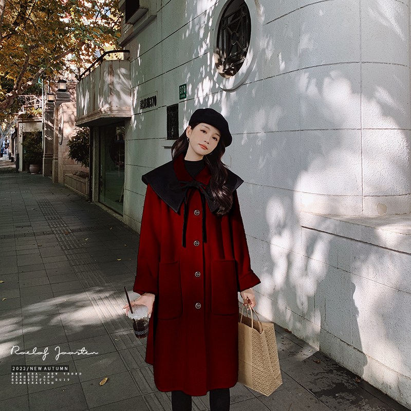 【大货】双色可脱卸海军领披肩毛呢大衣Z2D079-8009-P185控268，女装毛呢外套，浙宝129
